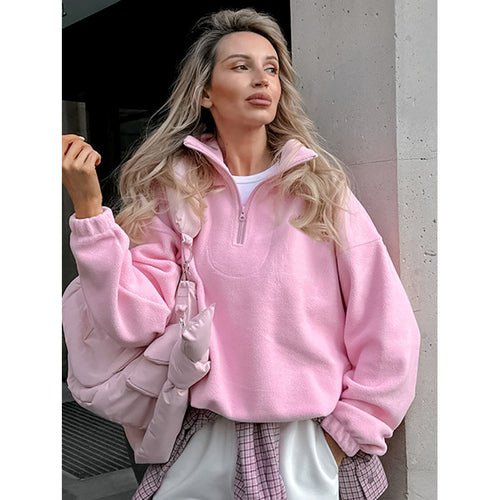 Damen Oversized Fleecepullover mit halbem Reißverschluss und Stehkragen Nord Taschen