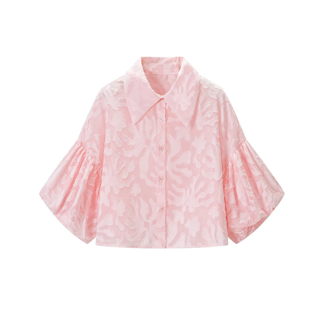 Damen Transparente Organza-Bluse mit weitem Schnitt, Volumenärmeln und Hemdkragen Nord Taschen
