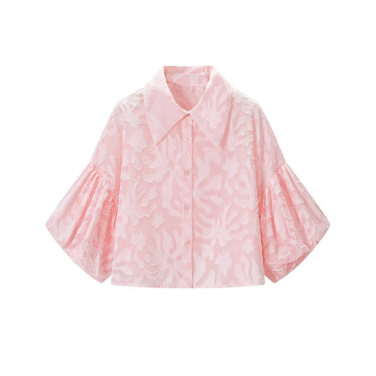 Damen Transparente Organza-Bluse mit weitem Schnitt, Volumenärmeln und Hemdkragen Nord Taschen