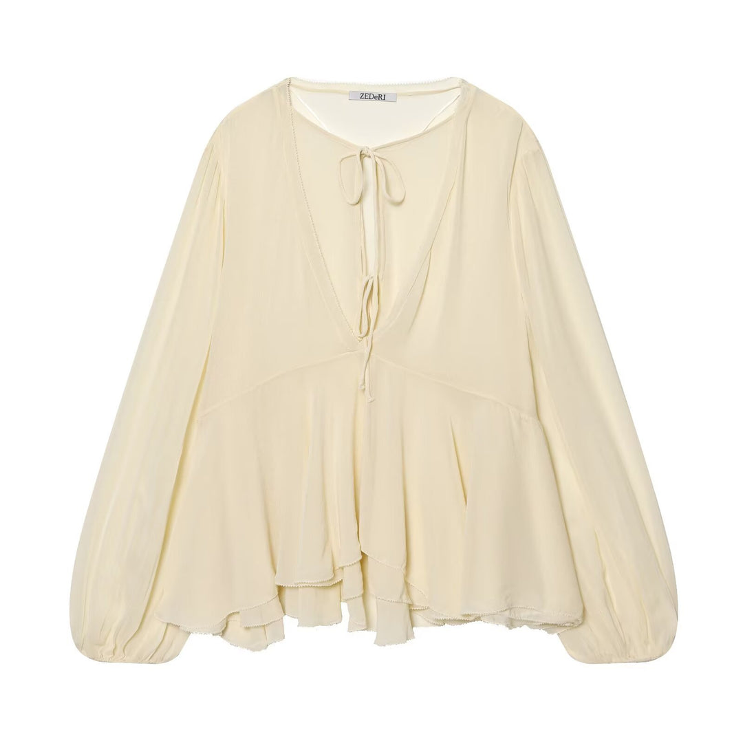 Damen Luftige Chiffon-Bluse mit tiefem V‑Ausschnitt, Bindebändern, Volantstufen und Ballonärmeln Nord Taschen