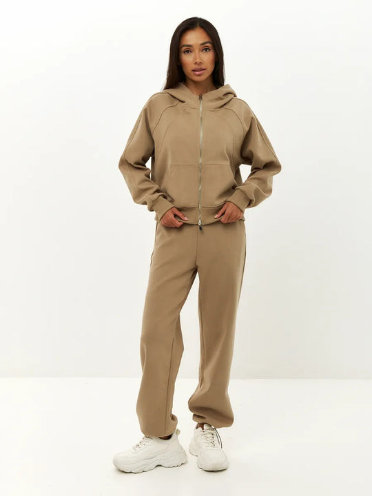 Damen entspanntes Fleece-Zweiteiler Set mit Raglan-Kapuzenjacke, durchgehendem Reißverschluss und gerader Relax-Jogginghose Nord Taschen