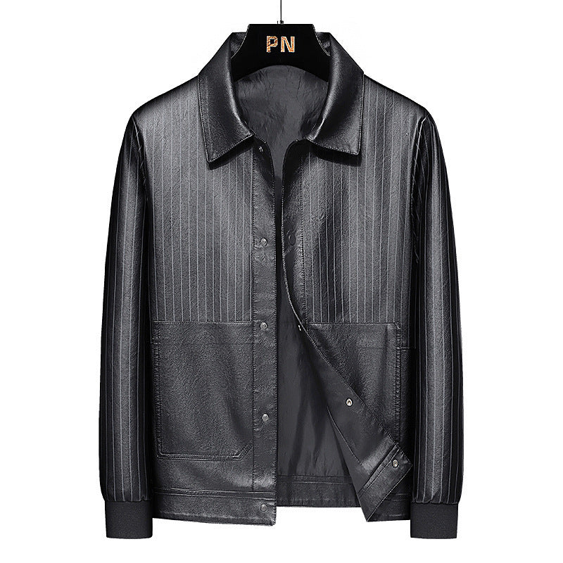 Herren Pinstripe Kunstleder-Truckerjacke mit Druckknopffront und gerippten Bündchen Nord Taschen