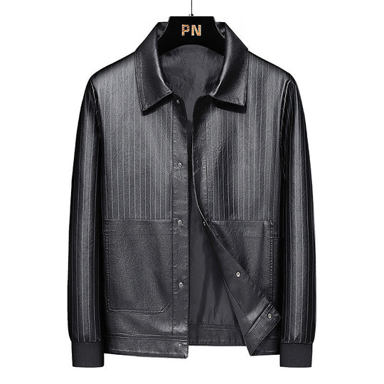Herren Pinstripe Kunstleder-Truckerjacke mit Druckknopffront und gerippten Bündchen Nord Taschen