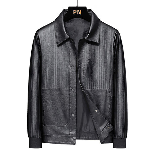 Herren Pinstripe Kunstleder-Truckerjacke mit Druckknopffront und gerippten Bündchen Nord Taschen