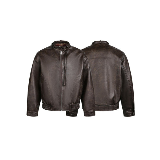 Herren Kurz geschnittener Vintage‑Lederblouson mit Schnallenkragen und elastischem Saum Nord Taschen