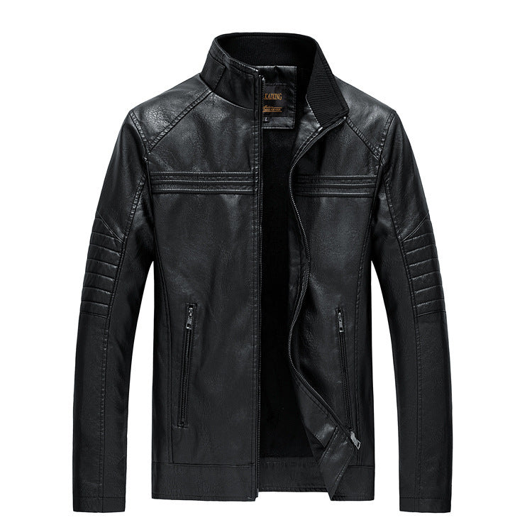 Herren Slim-Fit Kunstleder-Motojacke mit Stehkragen und gesteppter Ärmelpasse Nord Taschen