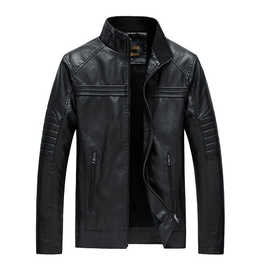 Herren Slim-Fit Kunstleder-Motojacke mit Stehkragen und gesteppter Ärmelpasse Nord Taschen