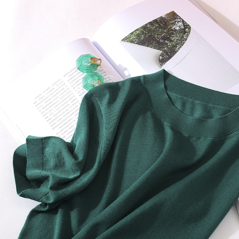 Damen Leichtes Kurzarm-Stricktop aus feinem Jersey mit Rundhals und Saumblende Nord Taschen