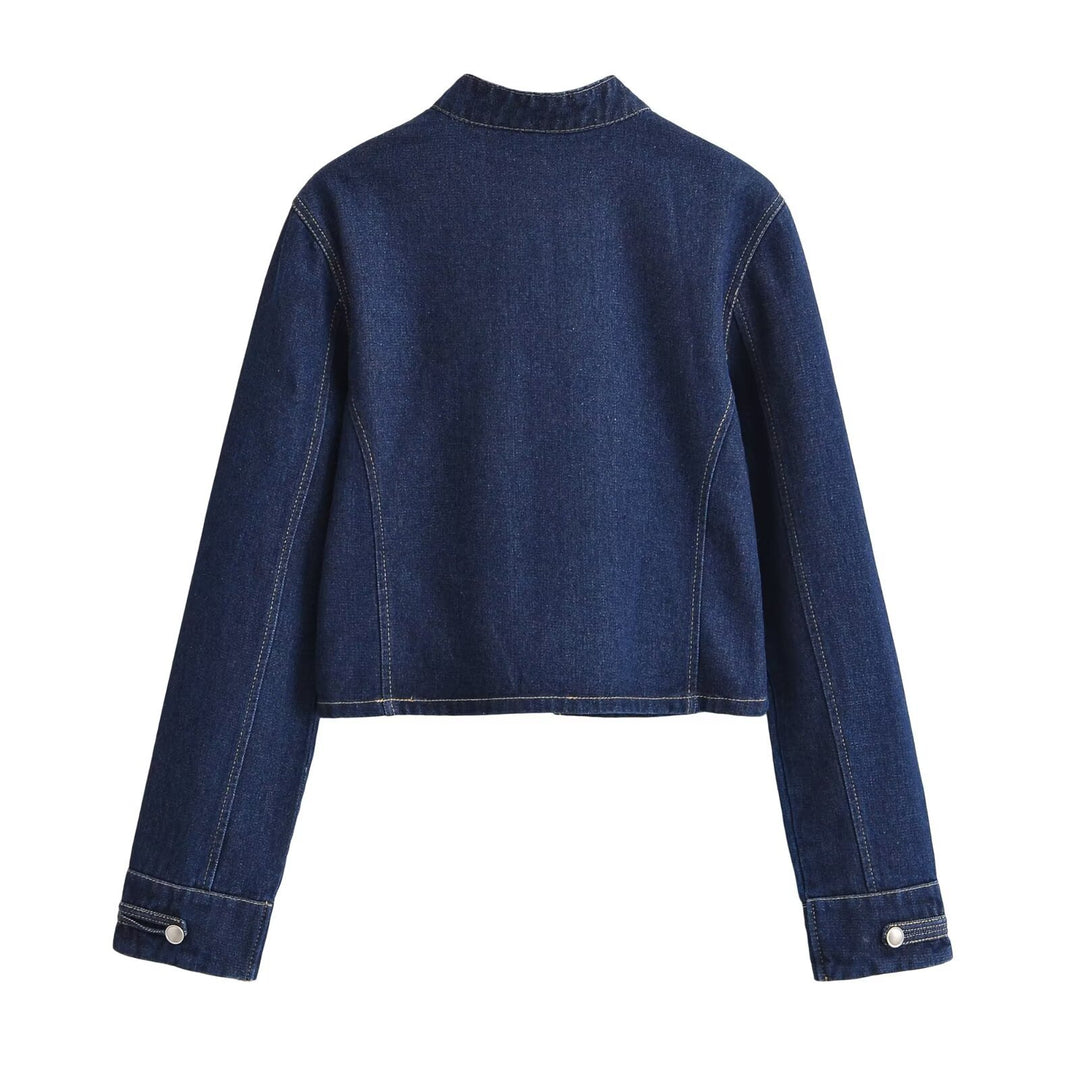 Damen Jeansjacke im Military‑Stil mit Stehkragen und dekorativen Reihen‑Druckknöpfen Nord Taschen