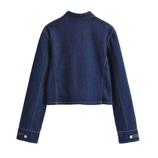 Damen Jeansjacke im Military‑Stil mit Stehkragen und dekorativen Reihen‑Druckknöpfen Nord Taschen
