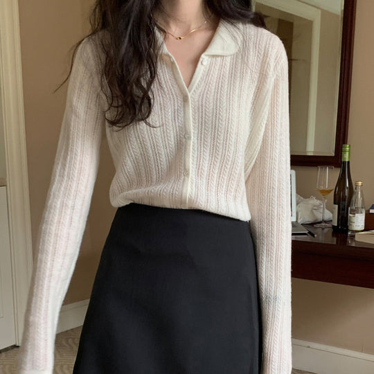 Damen Leichter Ajourstrick-Knopfccardigan mit Hemdkragen und feiner Zopfmusterstruktur Nord Taschen