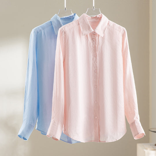 Damen Locker fallende Leinenmix-Bluse mit Hemdkragen und Manschetten Nord Taschen