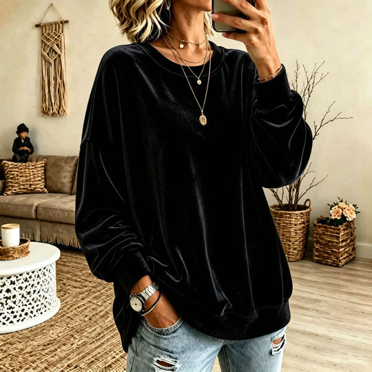 Damen Oversize-Samtpullover mit weitem Schnitt und geripptem Saum Nord Taschen