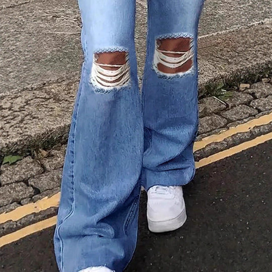 Damen Hochtaillierte Flared-Jeans im Retro-Schnitt mit Knie-Rip und verlängertem Saum Nord Taschen