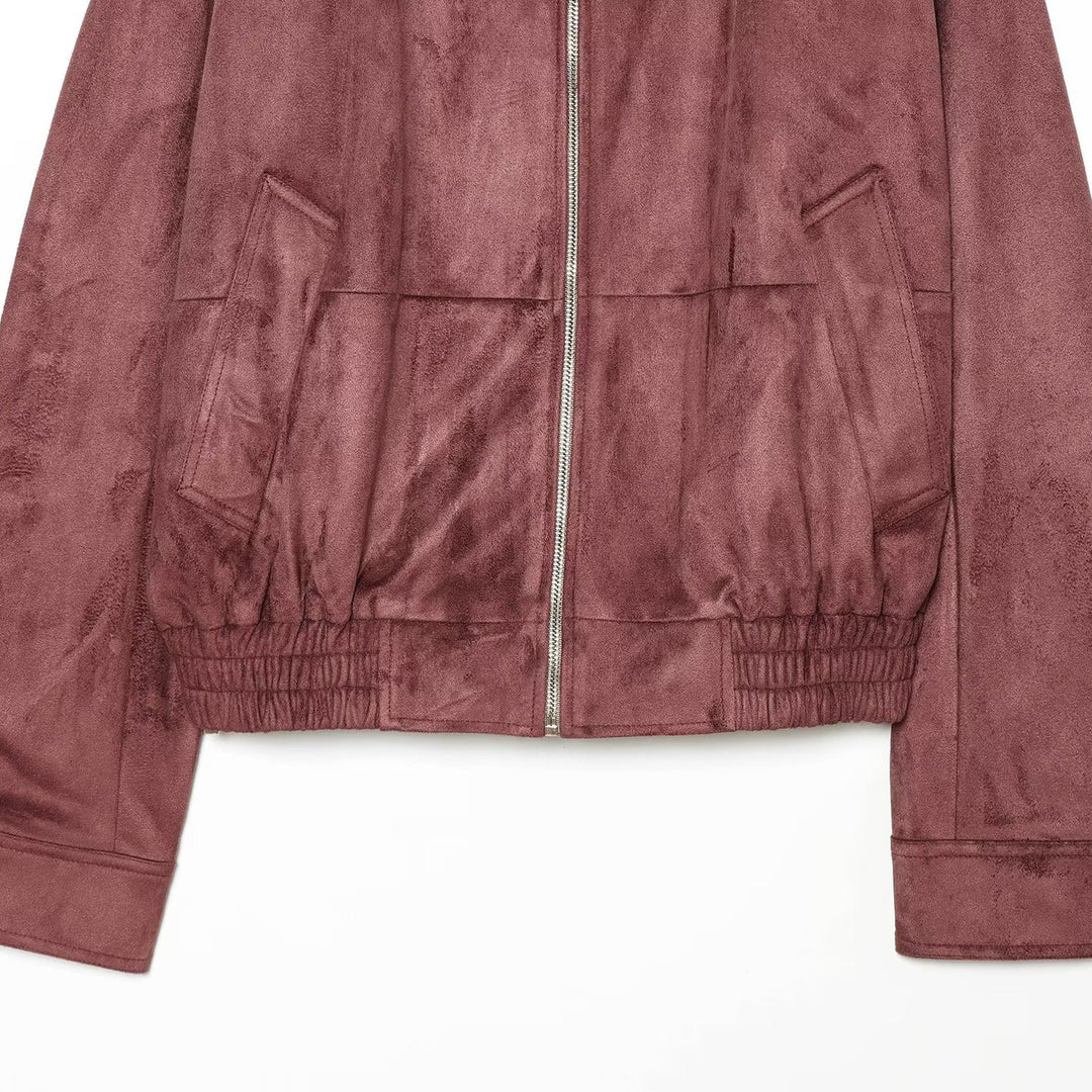 Damen Kurzjacke im Bomberstil aus Veloursleder-Optik mit hohem Stehkragen und Kängurutaschen Nord Taschen