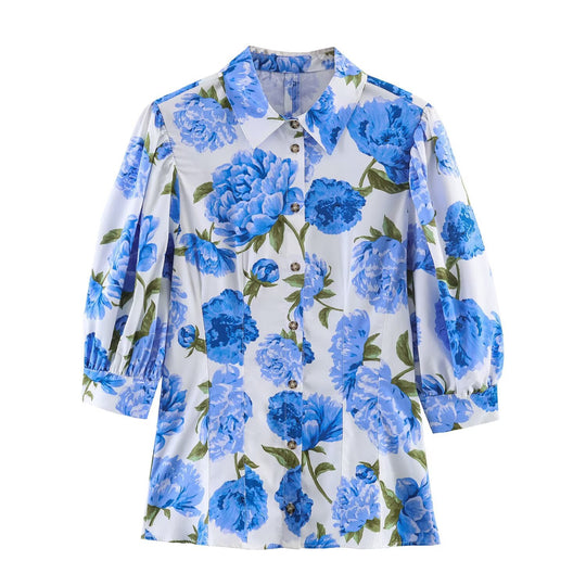 Damen Hemdbluse im A-Linien‑Schnitt mit floraler Allover‑Print, taillierten Teilungsnähten und Puffärmeln Nord Taschen