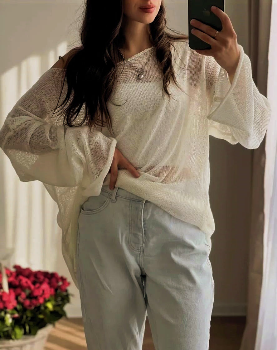 Damen luftiger Oversize-Strickpullover mit weitem Schnitt und transparentem Gew Nord Taschen