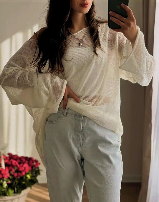 Damen luftiger Oversize-Strickpullover mit weitem Schnitt und transparentem Gew Nord Taschen