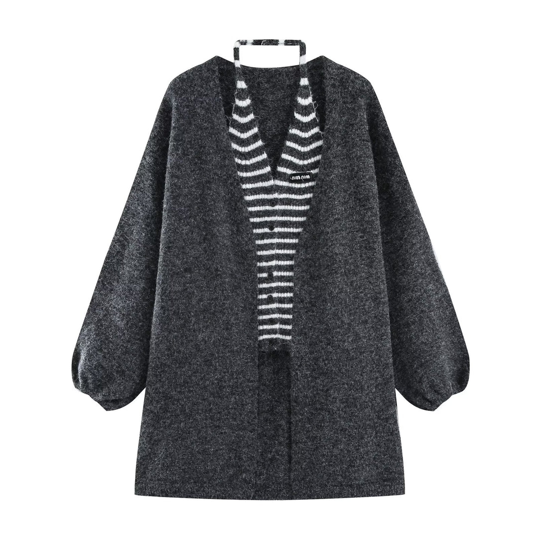 Damen Oversized Mohairoptik-Cardigan mit Ballonärmeln und gestreiftem Einsatz Nord Taschen