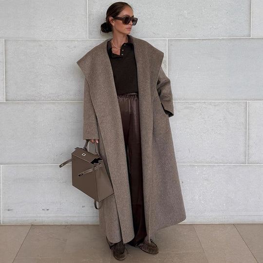 Damen Oversize Wollmix‑Mantel mit Schalkragen und lässiger Maxilänge Nord Taschen