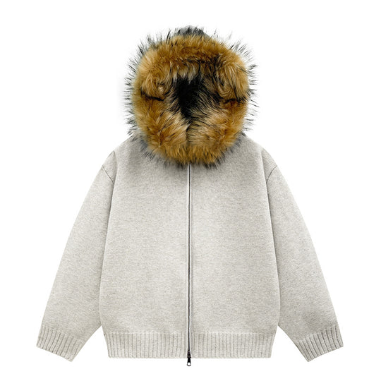 Damen Strick-Bomberjacke mit Kapuze und abnehmbarem Kunstfellbesatz Nord Taschen