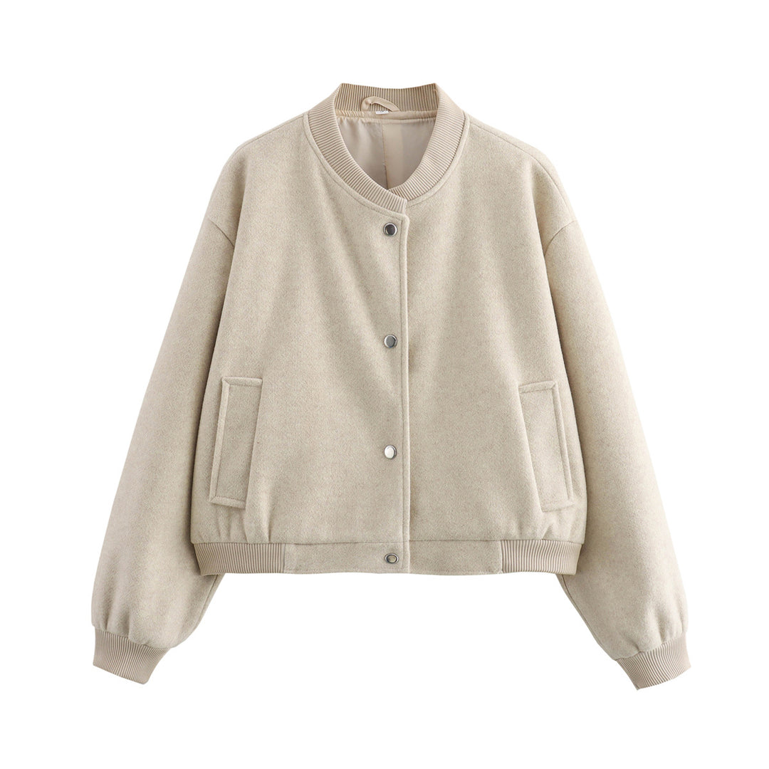 Damen Kurze Oversize-Collegejacke im Wollmix mit Druckknopfverschluss, Eingrifftaschen und Rippenbündchen Nord Taschen