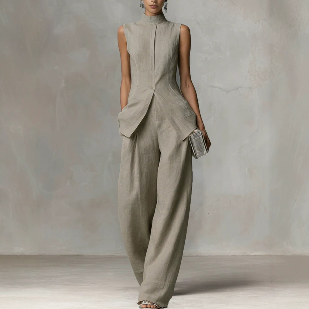 Damen Ärmelloser Leinen-Jumpsuit mit Stehkragen und weitem Bein Nord Taschen