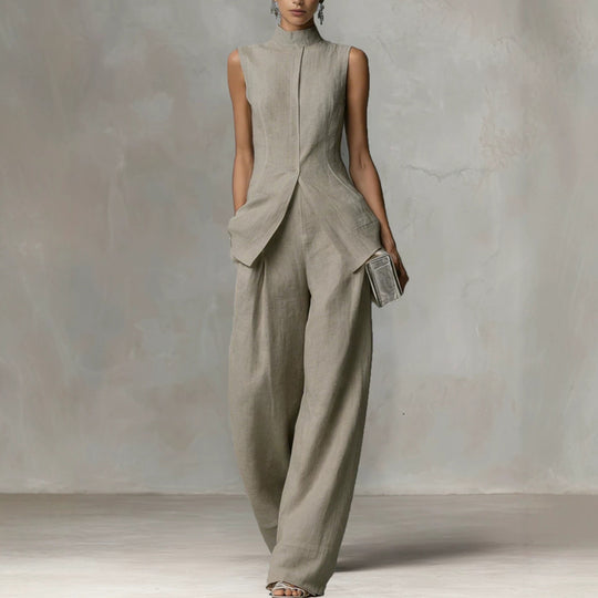 Damen Ärmelloser Leinen-Jumpsuit mit Stehkragen und weitem Bein Nord Taschen