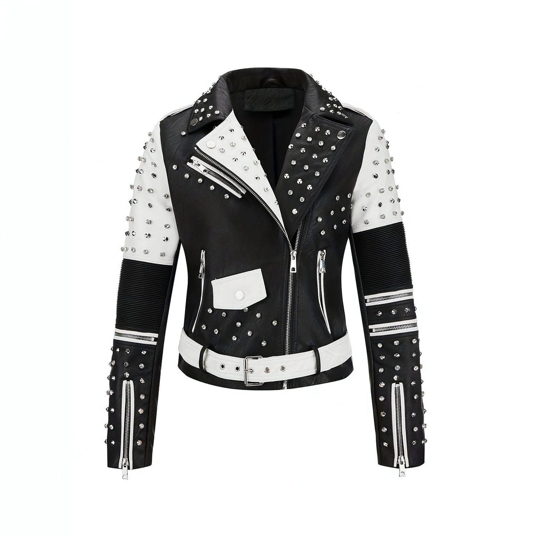 Damen Nietenbesetzte Bikerjacke aus Kunstleder mit Taillengürtel Nord Taschen
