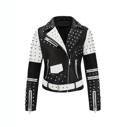 Damen Nietenbesetzte kontrastierende Bikerjacke mit Taillengürtel Nord Taschen