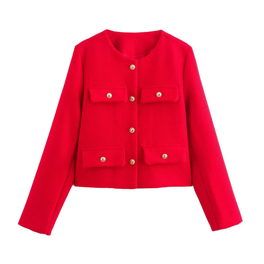 Damen Kurze Bouclé-Blazerjacke mit Rundhalsausschnitt, Zierleistentaschen und goldfarbenen Knöpfen Nord Taschen