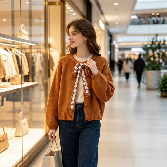 Damen Oversize Strickpullover mit dekorativem Blumen-Spitzenband Nord Taschen