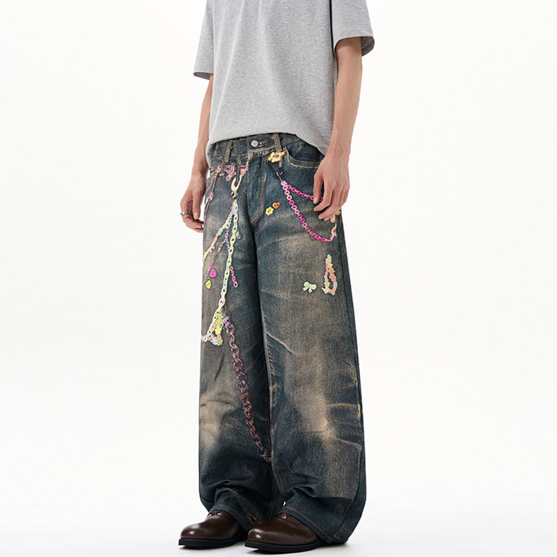 Herren Baggy-Denim-Jeans mit handbemaltem Kettenprint und Applikationen Nord Taschen