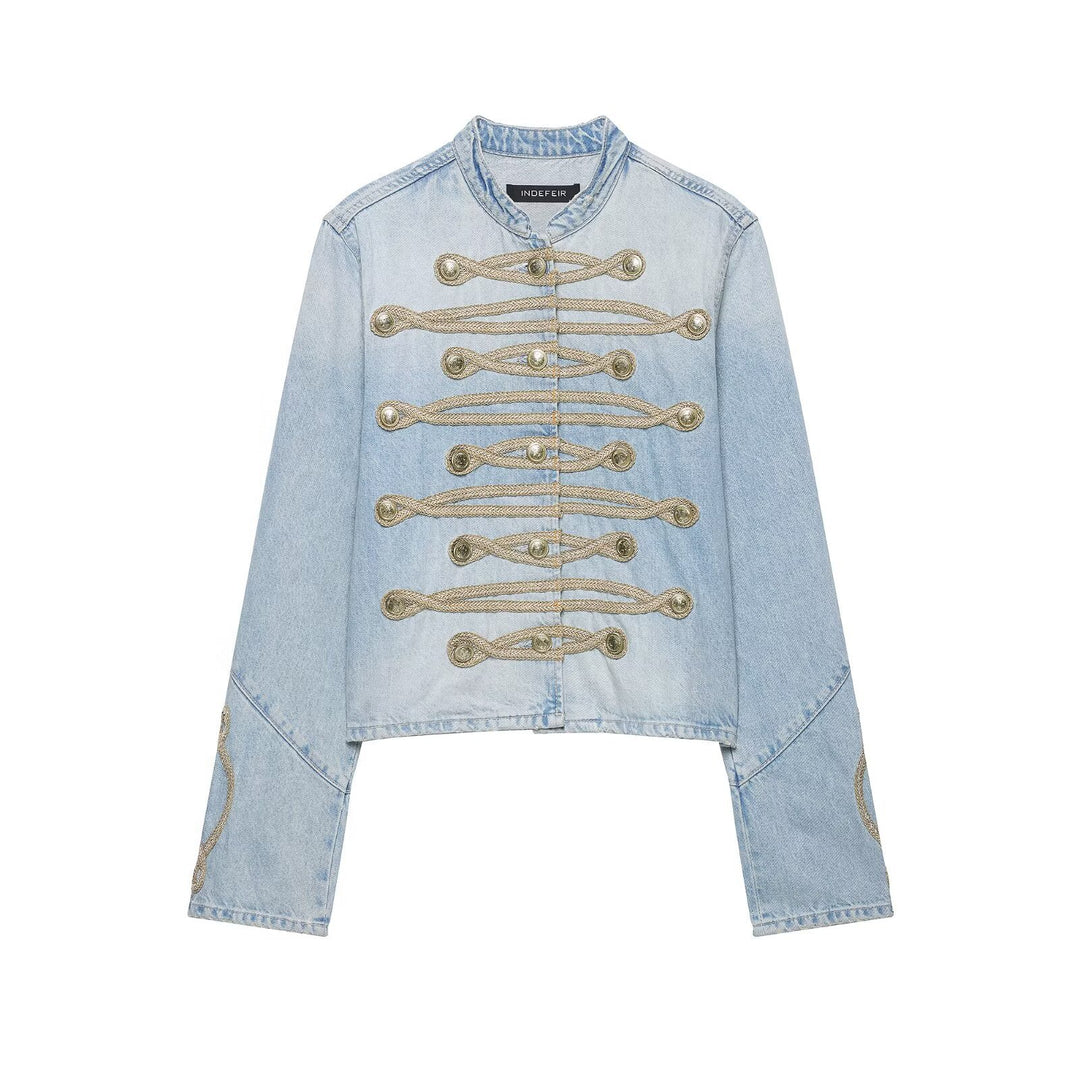 Damen Kurzer Denim-Militärblouson mit dekorativen Kordeln und Stehkragen Nord Taschen