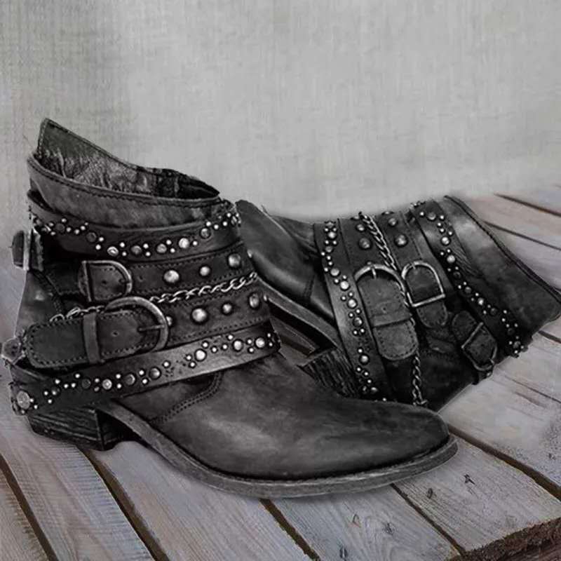 Damen Western‑Ankleboots mit dekorativen Schnallenriemen, Nieten und Ketten Nord Taschen
