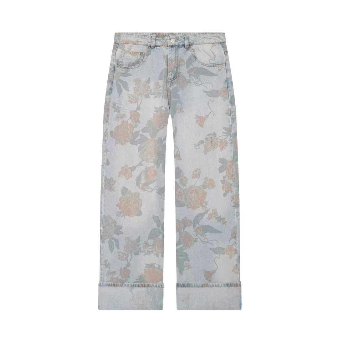 Damen Weite Blumenprint-Denimhose mit geradem Bein und Umschlag Nord Taschen