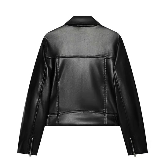Damen Kurz geschnittene Bikerjacke aus Kunstleder mit asymmetrischem Reißverschluss und Schulterklappen Nord Taschen
