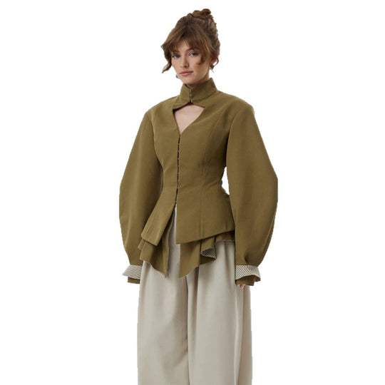 Damen taillierte Jacke mit Stehkragen, Cut-Out und Ballonärmeln Nord Taschen
