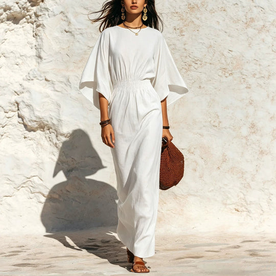 Damen Maxikleid mit Fledermausärmeln und geraffter Smock-Taillierung Nord Taschen