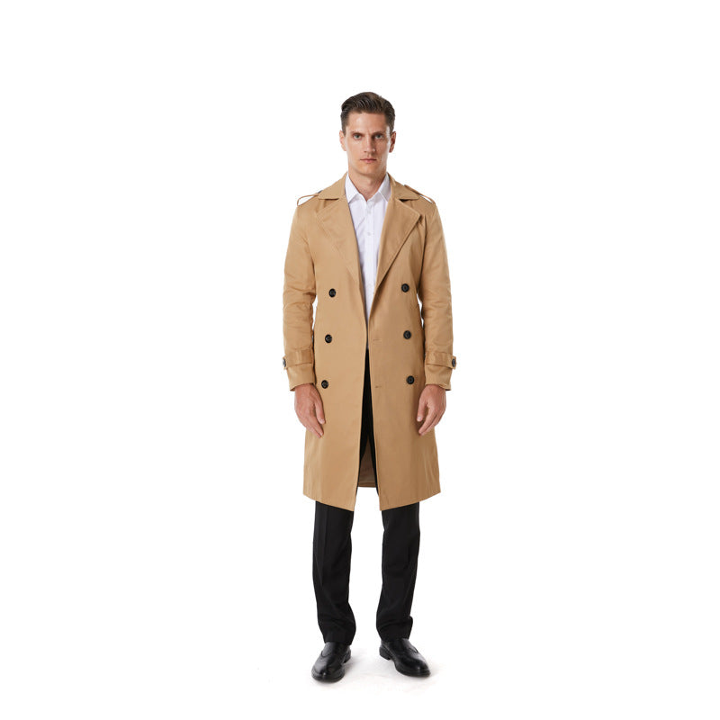 Herren Knielanger Trenchcoat im klassischen Doppelreiher mit Schulterklappen und Taillengürtel Nord Taschen