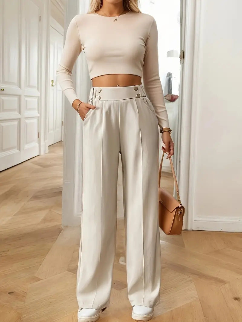 Damen Hochtaillierte weite Marlene-Hose mit Zierknopf-Bund und Bügelfalte Nord Taschen