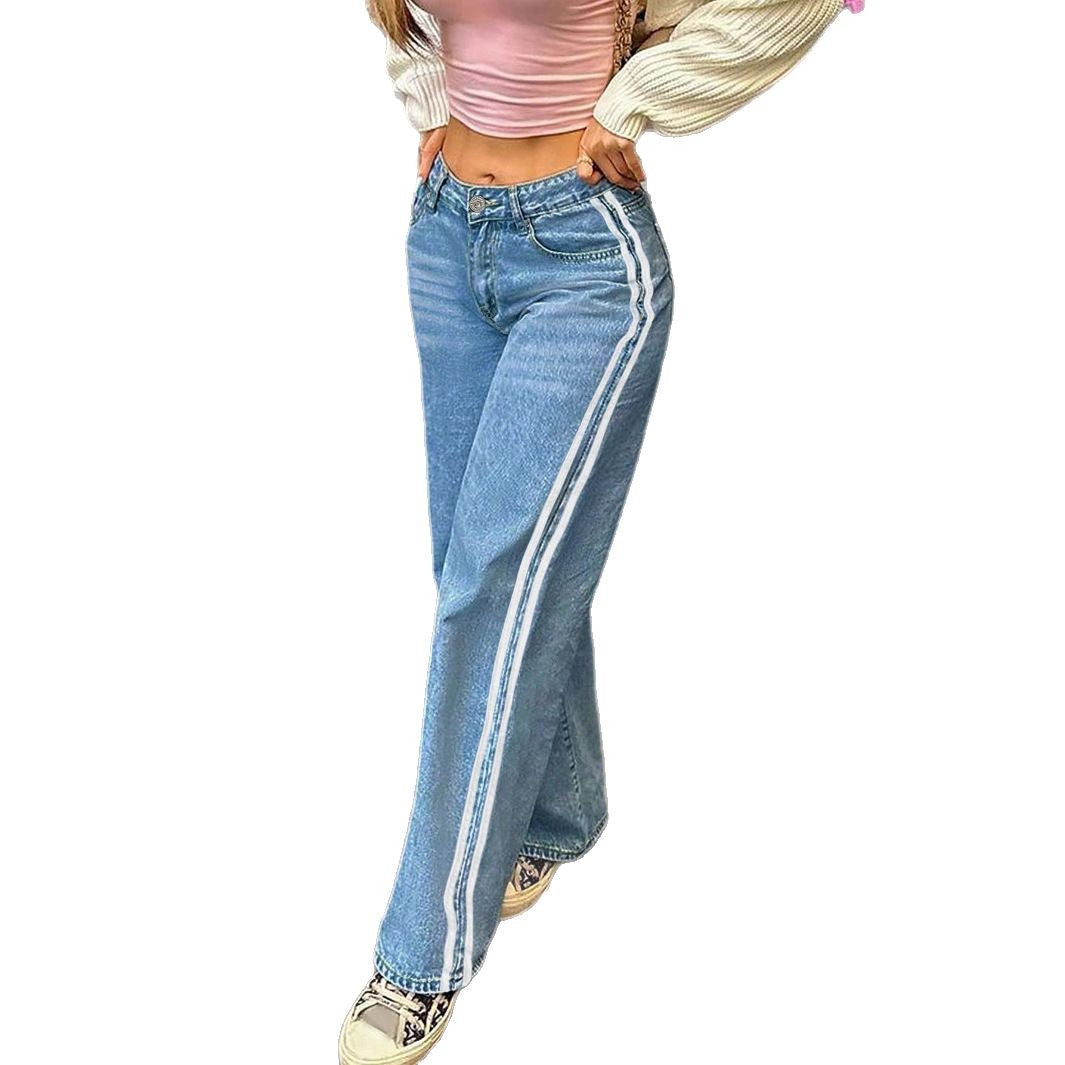 Damen weite Denim-Jeanshose mit sportivem Seitenstreifen Nord Taschen