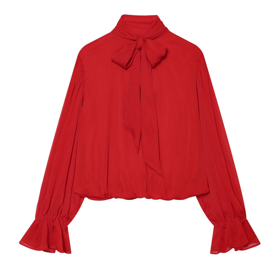 Damen Schlupfbluse mit Schleifenkragen, plissierten Volantärmeln und elastischem Saum Nord Taschen