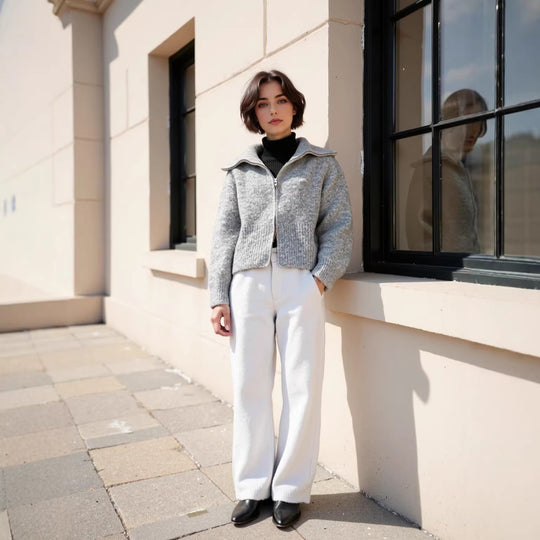 Damen kurze gezippte Strickjacke mit Stehkragen und Rippenbund Nord Taschen