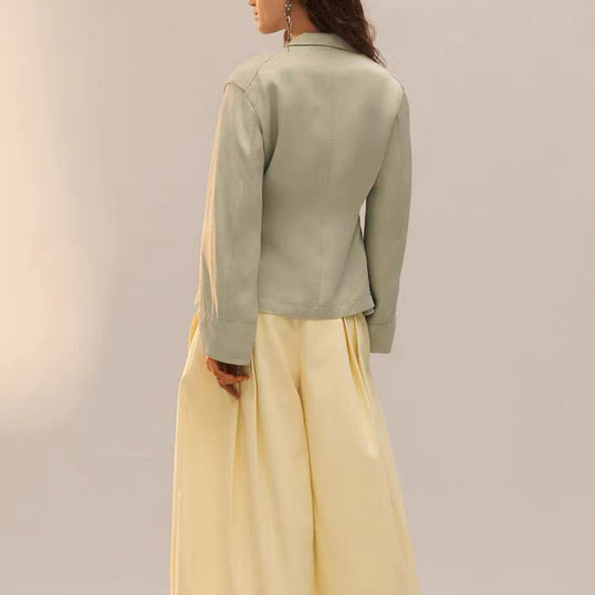 Damen Leichter Cropped Blazer mit Bindegürtel und Schalkragen Nord Taschen