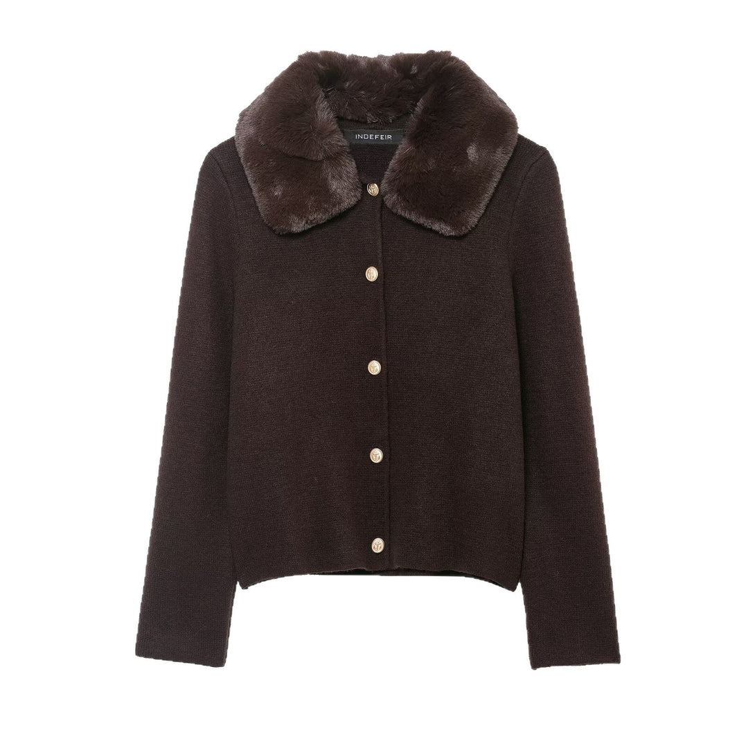 Damen Kurzgeschnittener Strickcardigan mit abnehmbarem Faux‑Fur‑Kragen Nord Taschen