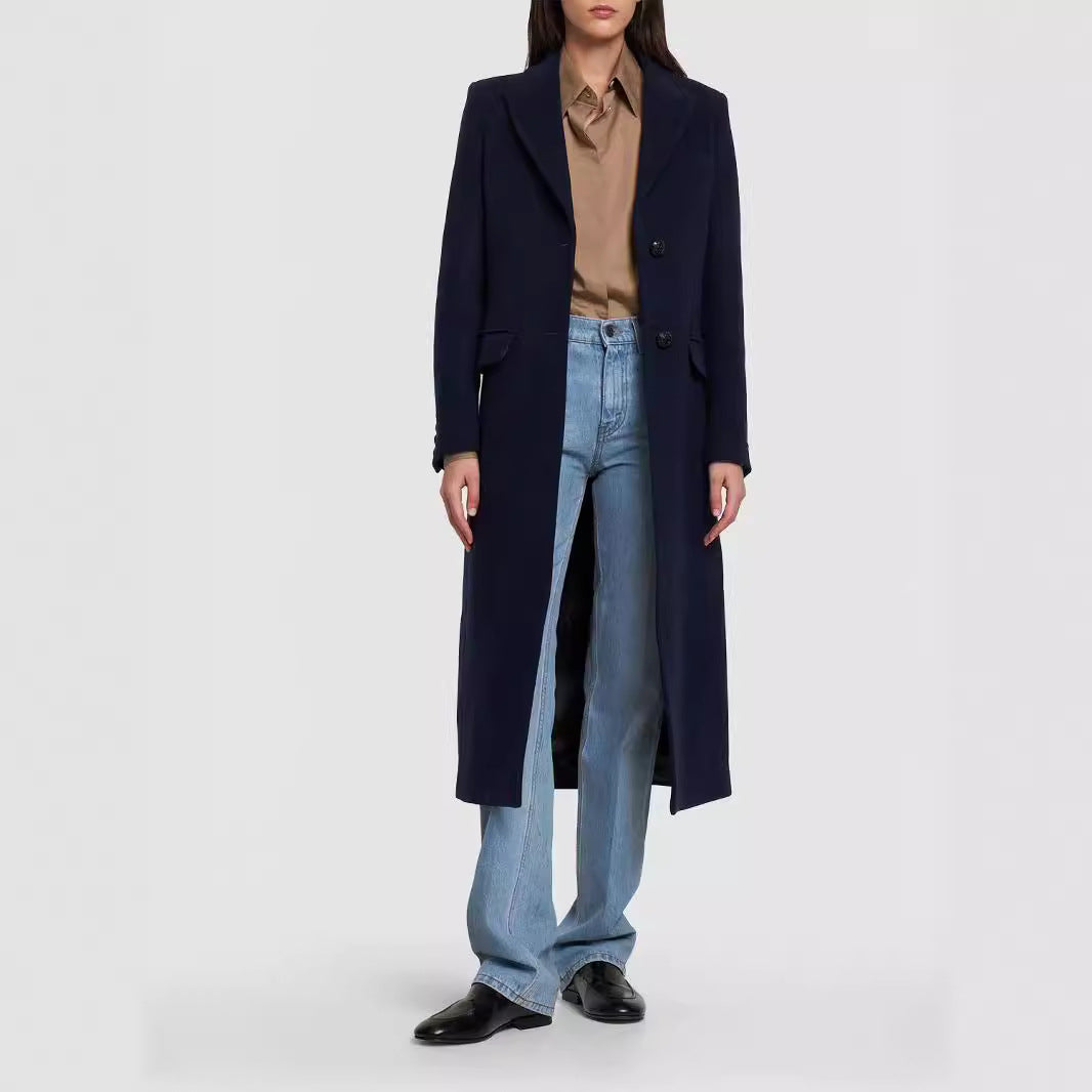 Damen Midilanger Einreihiger Tailoring‑Mantel mit schmalem Revers und Pattentaschen Nord Taschen