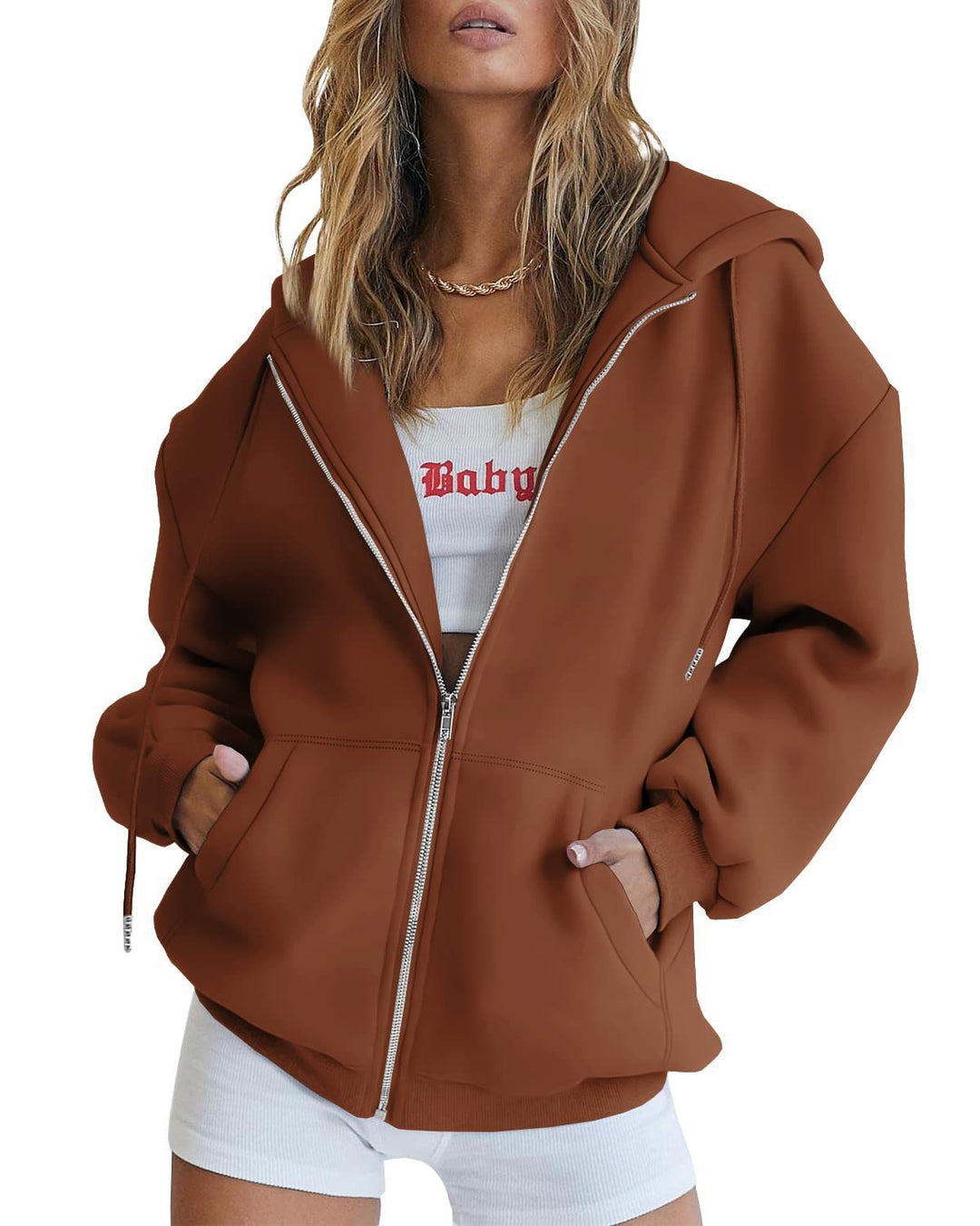 Damen Fleece-Zipjacke im Oversize-Stil mit Kapuze, Kängurutaschen und elastischem Saum Nord Taschen