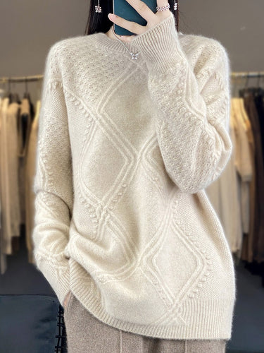 Damen Kuscheliger Mohair‑Look Oversize‑Pullover mit Rautenstruktur und Noppen‑Details Nord Taschen