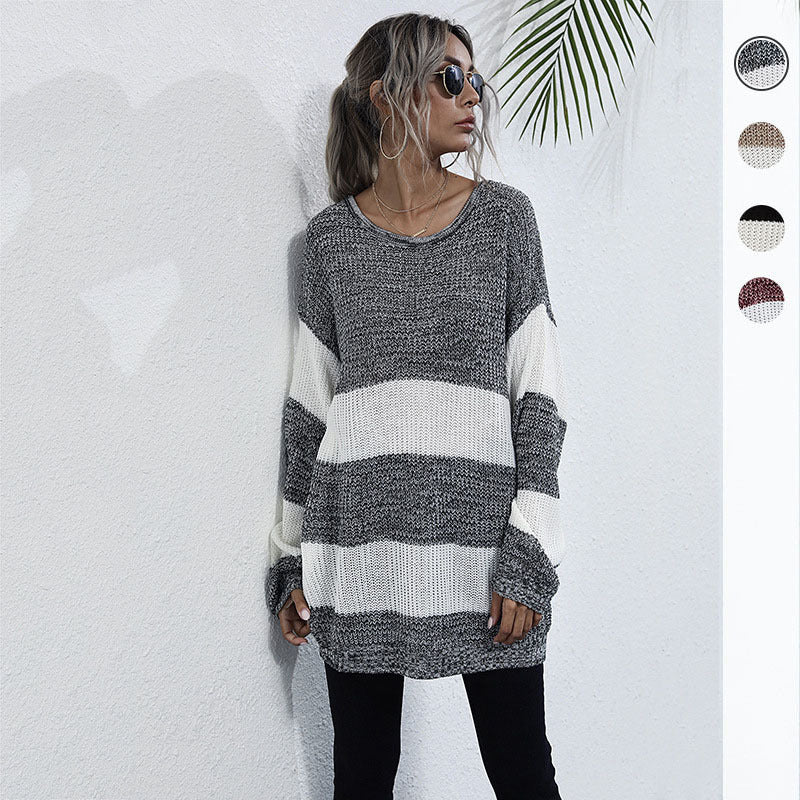 Damen Oversize Longpullover mit Blockstreifen und Rundhalsausschnitt Nord Taschen